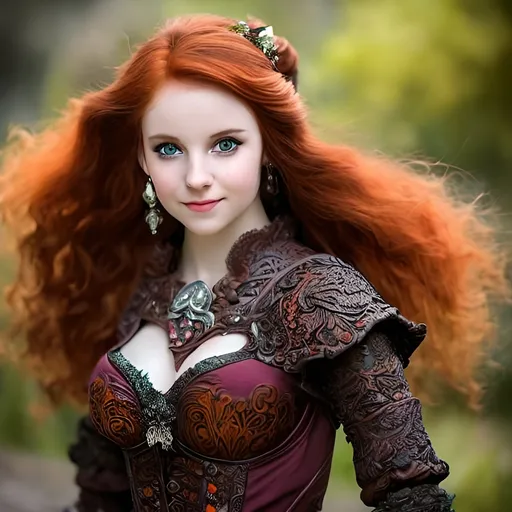 Prompt: create a photo of an auburn hair wonan in fantasy style armor. the neck will not have any armor and the will be plunging the womans hair is in a high ponytail. woman will be looking forward. the armor has ornate etchings. the background will have a castle with a dark atmosphere.