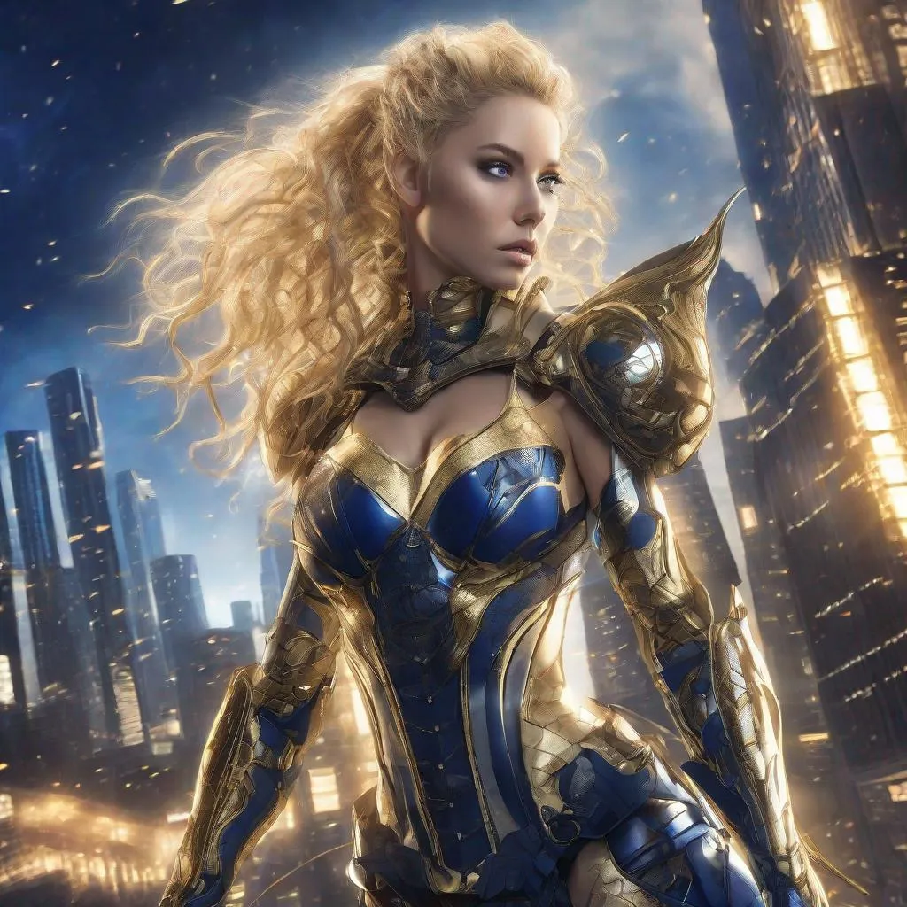 Prompt: Photograph. Buxom blond curly hair. Woman Sci fi  armor.  Thin armor. Skimpy armor. Navy. blue. Gold. Dramatic lighting. Flying. Dynamic pose. Low neck line. Sci fi city in background. Ornate armor. High ponytail. Long hair. Corset. Thong. Scandinavian. Anime style
 Rim lighting.