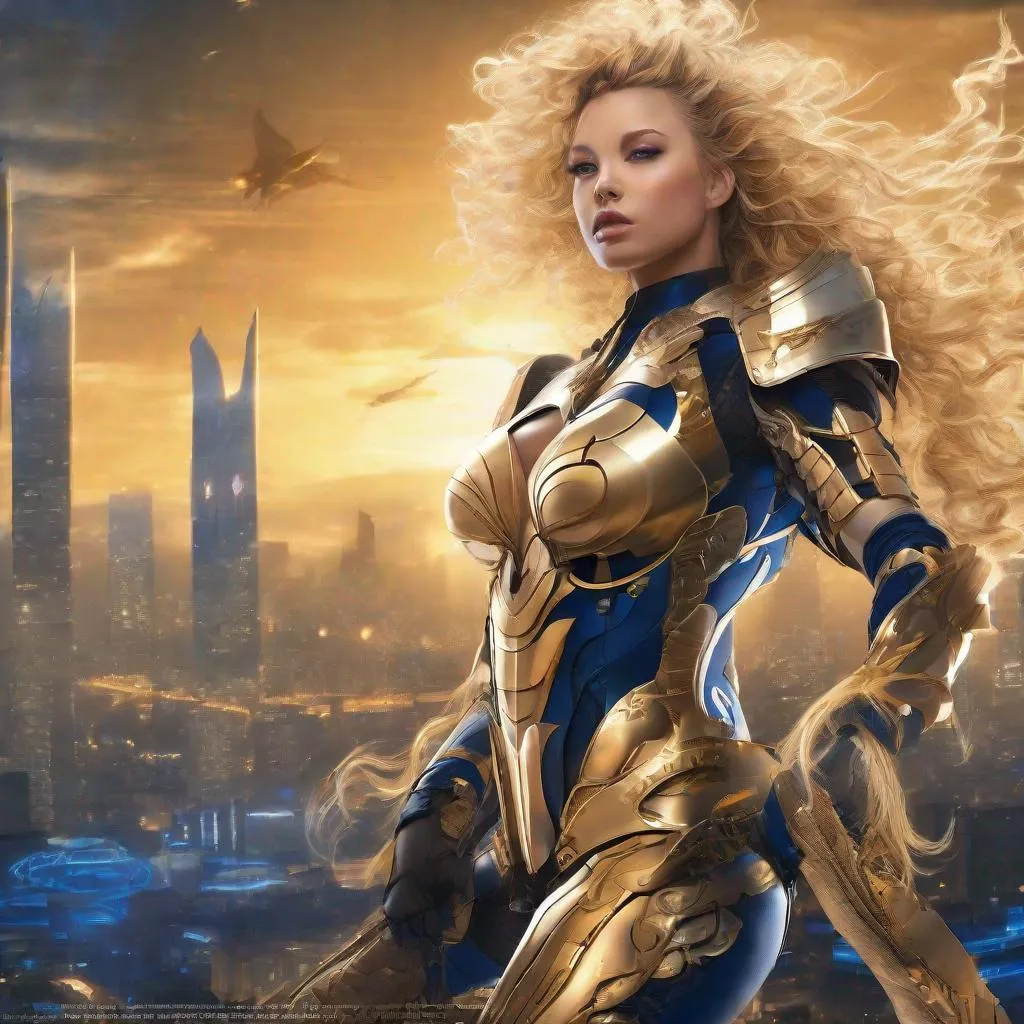 Prompt: Photograph. Buxom blond curly hair. Woman Sci fi  armor.  Thin armor. Skimpy armor. Navy. blue. Gold. Dramatic lighting. Flying. Dynamic pose. Low neck line. Sci fi city in background. Ornate armor. High ponytail. Long hair. Corset. Thong. Scandinavian. Anime style
 Rim lighting.