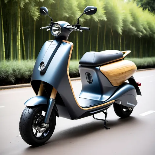 Prompt: Scooter futuriste 100% electrique, avec un châssis en fibre de bamboo, carrénage en bio plastique, Panneaux solaires intégrés,