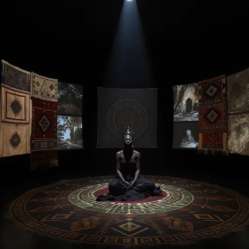Prompt: L’Ouverture Mystique
- Personnage central : une femme africane, assise au centre, vêtue entièrement de noir, dans une posture méditative ou royale.
- Lumière : Un faisceau lumineux descend du plafond, l’isolant dans une pénombre sacrée.
- Décor : Autour d’elle, des écrans disposés en cercle projettent des images comme des diapositives — fragments d’une histoire, souvenirs, visions d’un passé ancestral.
- Textiles : Des tapisseries en bogolan suspendues et étalées au sol, avec leurs motifs géométriques et symboliques, enveloppent l’espace d’une aura africaine profonde.
