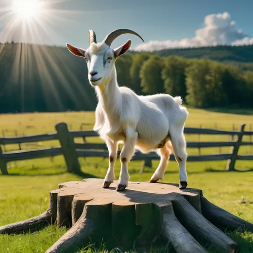 Prompt: Landscape, goat sitting upright cross legged, on a stump. Sun shafts subtle refraction, green grassy field near a wooden fence, green trees, blue skys with deep distant clouds,