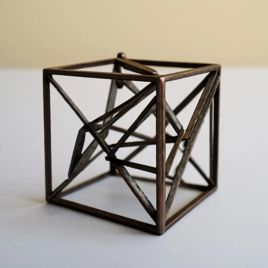 Prompt: Small 4x4 metal geometric three-dimensional object "divination"