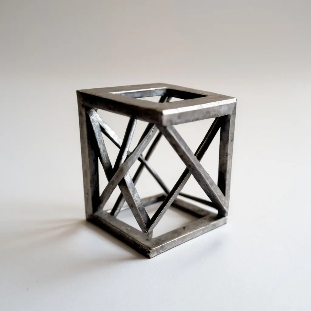 Prompt: Small 4x4 metal geometric three-dimensional object "intuition"