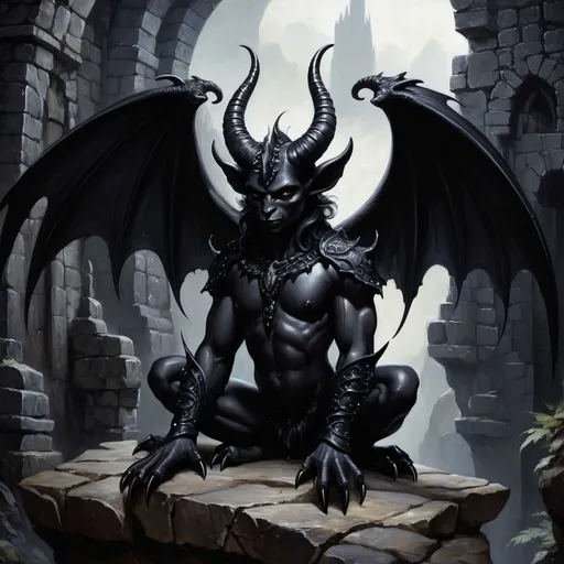 Prompt:  Imp, jet black, smooth, ink black skin, mythical small-creature, art, oil painting, background consists of shadowy stone ruins, the imps expression is one of envy and cunning, art inspired by dark Renaissance, detailed, claws wings, fangs, horns, shadowy, inky, sinewy, real skin textures, darkness 