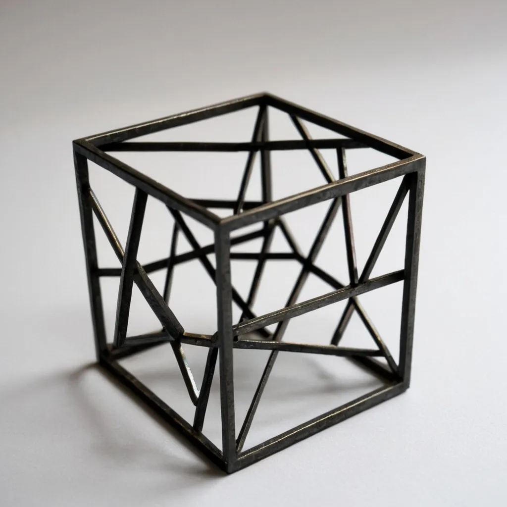 Prompt: Small 4x4 metal geometric three-dimensional object "status"