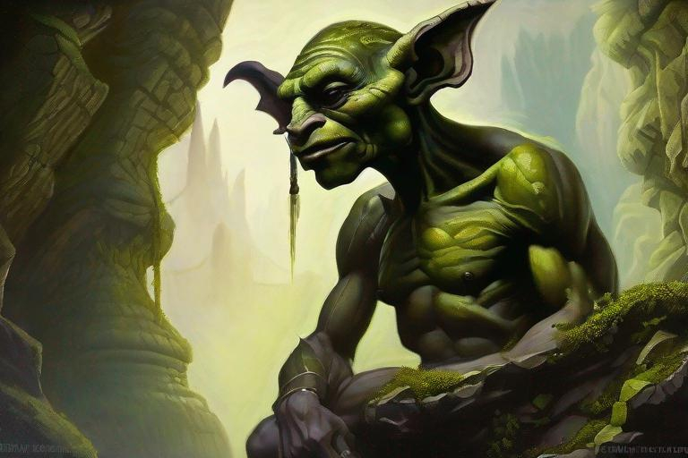 Prompt: Primal Goblin, Imp, ebony, smooth black skin, creature, art, oil painting, background consists of mossy stone ruins, his expression is one of envy and cunning, art inspired by dark Renaissance, detailed, shadowy, inky, sinewy, real skin textures,