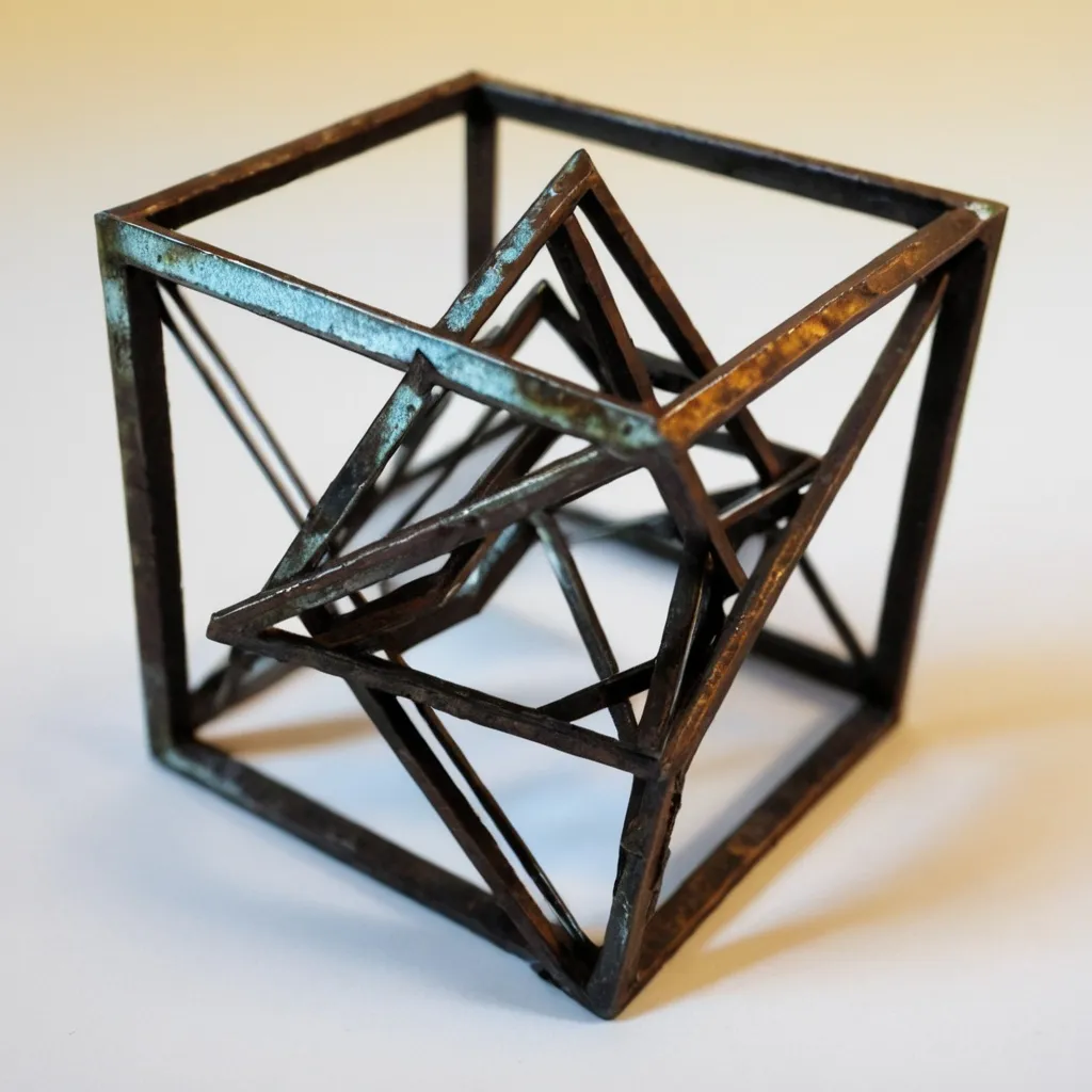 Prompt: Small 4x4 metal geometric three-dimensional object "destiny"