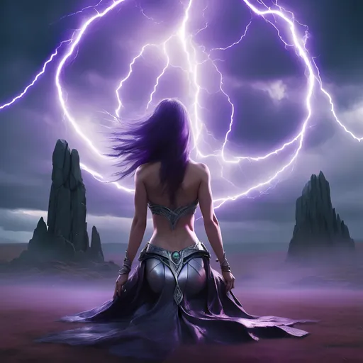 Prompt: UHD Witchblade, ritual circle, Standing stones, lightning storm, depth of sky and horizion, long platinum hair, subject floating, alone solo forground subject, body, woman, artifact bracelet with violet static