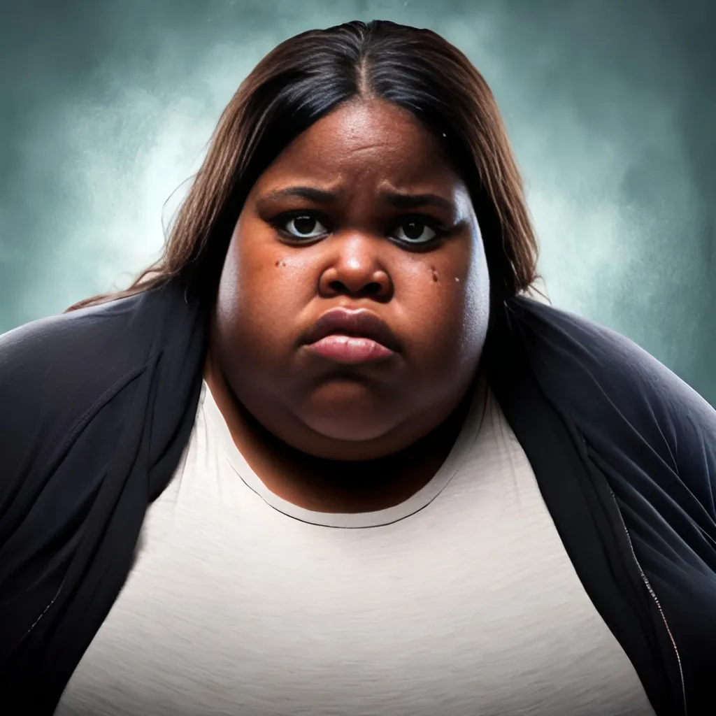 Prompt: A young, morbidly obese, black woman, has sadness and tears in her eyes

