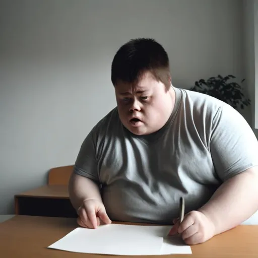 Prompt: person with down syndrome looking at a piece of paper very angrily and confused fat