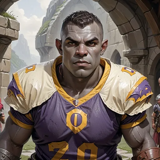 Prompt: Dungeons and dragons  good looking attractive Goliath male football player grey skin and a football jersey