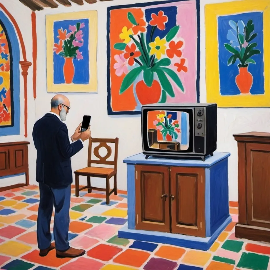 Prompt: make a Henri matisse painting of an I-Phone and a television in a church
