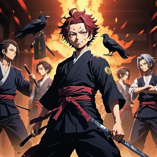 Prompt: Tanjiro standing tall and (joyful), Hashira positioned powerfully behind him, (Zenitsu) beside holding his sword, a (crow) perched next to him, (Muzan Kibutsuji) looming sinisterly behind the group, vibrant, dramatic colors, high-energy atmosphere, (dynamic poses), soft lighting accentuating expressions, (4K), ultra-detailed, anime-inspired illustration.