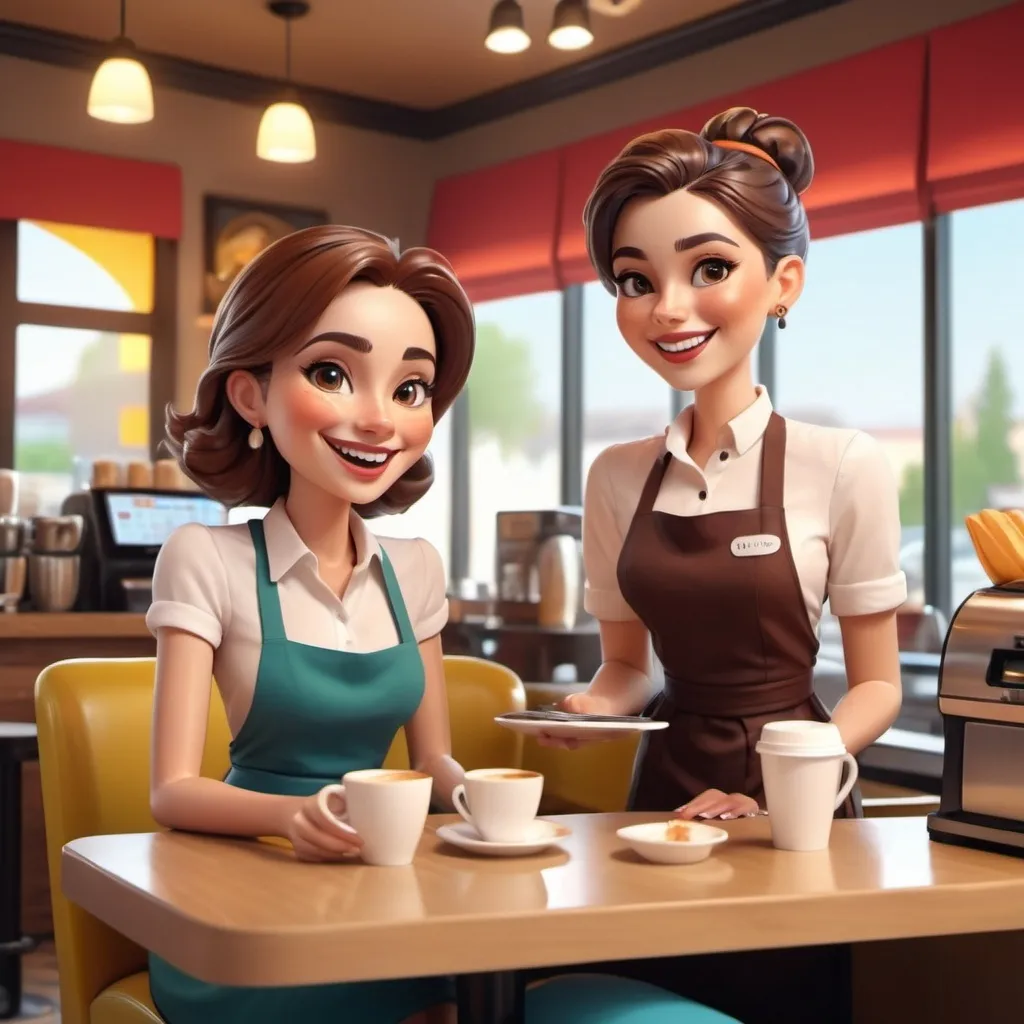 Prompt: happy lady paying waiter at cafe modern cash register cartoon characters
