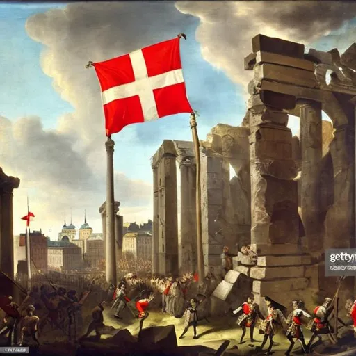 Prompt: the danish flag being raised above the ruins of stockholm 1756 paintin