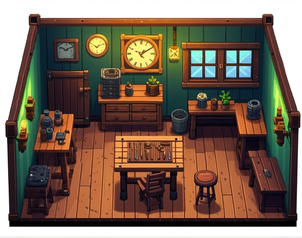 Prompt: cute simple illuminated watchmaker workplace with benchs and tools. made in simple pixel art. The floor made of wood planks. RPG style. Topview (not isometric). Stardew valley style



