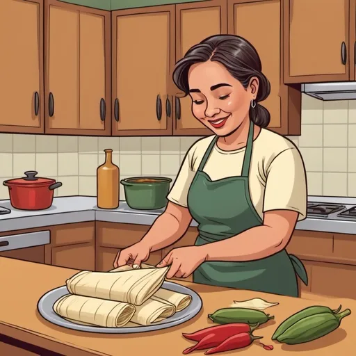 Prompt: Woman making tamales in a cartoon style