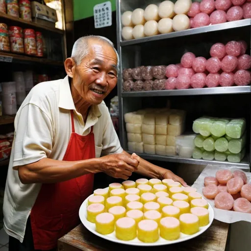 Prompt: old uncle in late 50s is the owner of a glutinous rice cakes shop in singapore making them one by one each morning handmade, handcrafted with effort and care. his shop is popular, he has a lot of regular customers and many know him as uncle tan. shop has a small queue of regular customers who say hi to uncle tan as he handmakes and prepares the kuehs for opening
