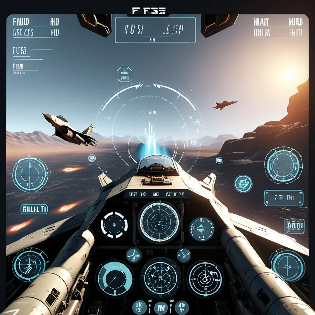 Prompt: fps game with HUD user interface, jet fighter,UI hud