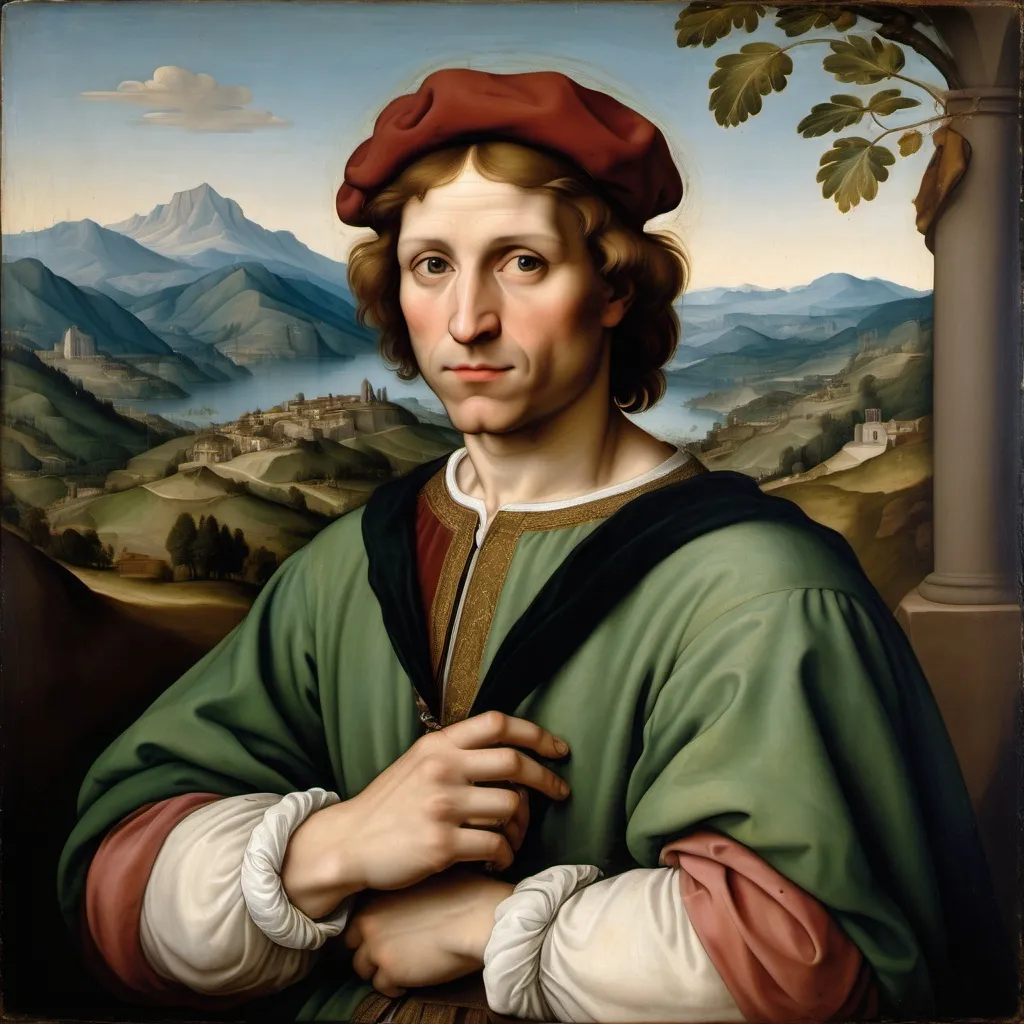 Prompt: A painted portrait of a man in the style of Italian Renaissance painter Raphael with mountains in the background