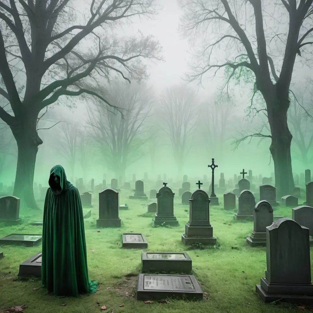 Prompt: dilapidated cemetery with green fog and mysterious cloaked figure