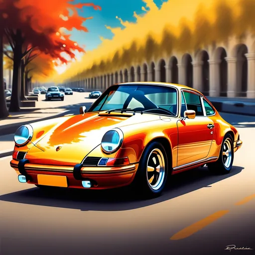 Prompt: (Porsche 911, first series) (artistic interpretation), vibrant colors, dynamic brush strokes, impressionistic style, stunning details, captivating design, showcasing sleek lines and curves of the classic car, exquisite background, enhancing the vehicle's elegance, high-quality visual, bright ambiance, perfect blend of form and creativity, meant to evoke admiration and nostalgia.