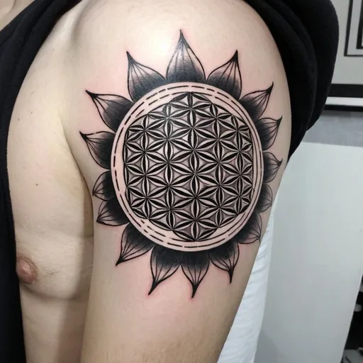 Prompt: A tattoo on my shoulder/bicep including the flower of life ,optical illusion, black/white and colors