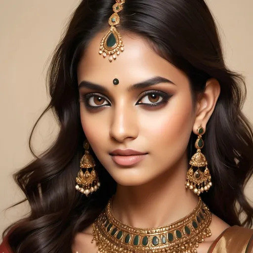 Prompt: For an Indian-inspired avatar, you might consider these details for a vibrant and elegant look:

- **Facial Features**: Graceful, with almond-shaped eyes accentuated by subtle kohl or eyeliner. Smooth, glowing skin in warm, rich tones—either a soft golden or deeper brown shade, reflecting the diversity of Indian beauty.
  
- **Hair**: Long, dark, and flowing, styled in a traditional braid or soft waves, perhaps adorned with a decorative jasmine flower or gold hairpiece.

- **Attire**: Wearing a saree or lehenga choli, richly embroidered with intricate gold or silver work. The fabric could be silk, chiffon, or velvet, in vibrant colors like deep red, royal blue, or emerald green, with a delicate shimmer. Alternatively, a modern fusion style like a saree draped as a gown could be chosen for a contemporary touch.

- **Jewelry**: Elegant gold or silver jewelry, including a maang tikka (headpiece), chandelier earrings, a necklace, and multiple bangles or bracelets. Perhaps even a nose ring or small nose stud for added cultural detail.

- **Makeup**: Soft yet striking makeup with bold eyeshadow, kohl-rimmed green eyes, and a hint of blush. Lips could be painted in a classic red or muted rose.

- **Overall Aura** A combination of sophistication and grace, with an aura of serenity and strength. The avatar could radiate a timeless elegance, reflecting the beauty and cultural richness of India.