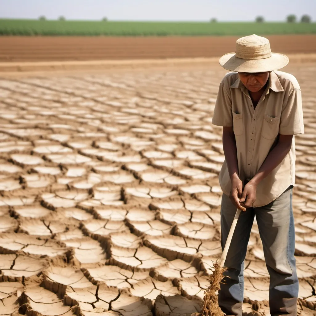 Prompt: make a image of a person unhappy in a drought wen farming