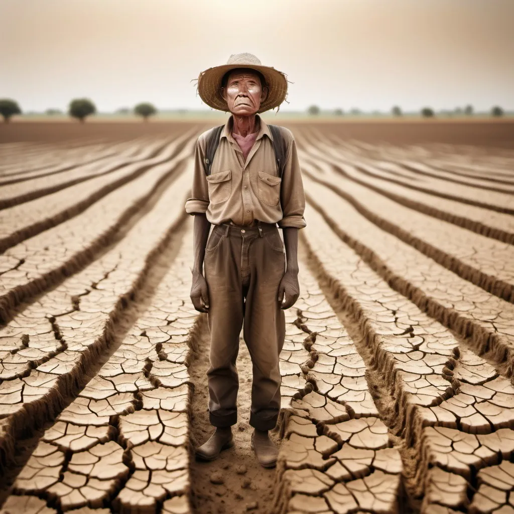 Prompt: make a image of a person unhappy in a drought wen farming