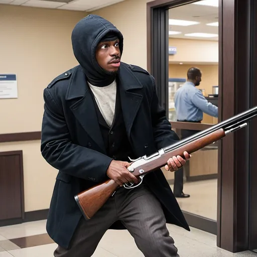 Prompt: black man robbing bank with a musket