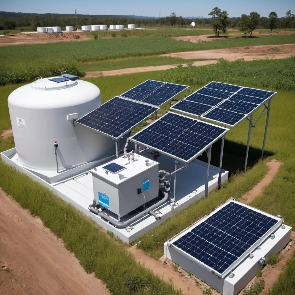 Prompt: Portable sewage treatment plant with solar panels on top and hydrogen storage tank attached to it.