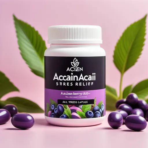 Prompt: Create a vibrant, eye-catching image featuring a stylish bottle of AcaiZen Acai Berry Stress Relief Capsules. The bottle should be sleek and modern, with a customizable label that includes a name and a calming design. Surround the bottle with fresh acai berries and lush green leaves, symbolizing natural wellness. The background should be soft and soothing, incorporating pastel colors to evoke a sense of tranquility. Include elements that represent stress relief, such as a peaceful workspace with a calming atmosphere. The overall vibe should be health-focused and inviting, appealing to urban professionals seeking balance in their lives."