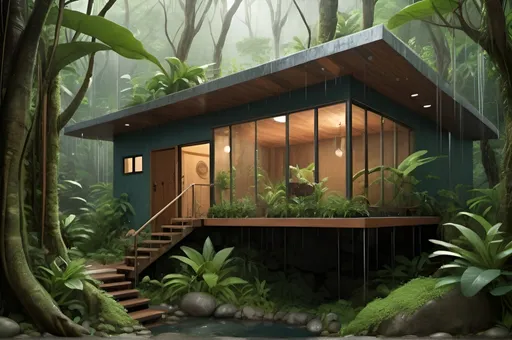 Prompt: Studio Ghibli style Puerto Rican rain forest  with small water vein and a small modern ecofriendly cozy home 