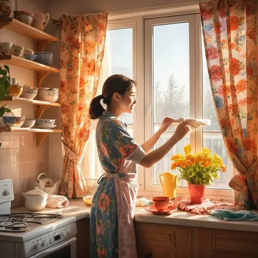 Prompt: (girl doing housework), (domestic scene), cheerful atmosphere, warmly lit room, sunlight streaming through the window, cozy details like floral curtains, colorful dishware, engaging expression, focused pose, casual home attire, high quality, ultra-detailed, everyday home life, warm tones, inviting ambiance.