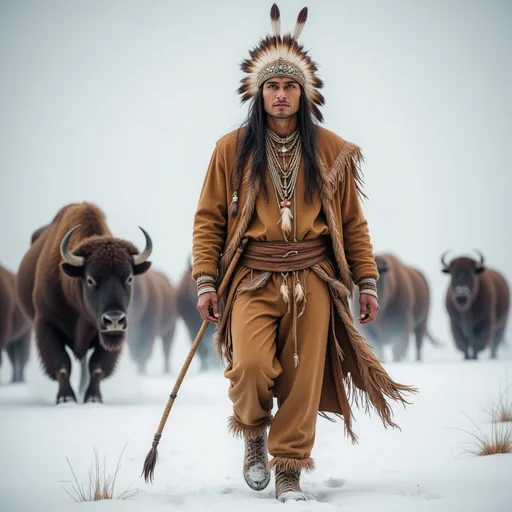 Prompt: Indian chiefs wear traditional clothing that includes deerskin or wool shirts adorned with beads and feathers. Over these, they often wear a buffalo hide robe, also richly decorated. Leggings are made from the same material and usually feature fringes and embroidery. Moccasins are leather, sometimes embellished with beads and feathers. Chiefs wear tall hats decorated with eagle feathers, symbolizing their rank and power. Their bows are made of wood and sinew, while arrows are crafted from hardwood with tips of flint or metal. Accessories include necklaces made from teeth, bones, and stones, as well as bracelets made from leather and beads. Feathers play an important role in rituals and ceremonies, symbolizing spirituality and connection to nature.Under a stark winter sky, the Indian chief leads his tribe on a bison hunt across the snowy plains. Dressed in thick furs and leather, he moves silently through the deep snow, tracking the massive beasts. His keen eyes scan the horizon, searching for signs of the herd. As the wind bites at their faces, the hunters circle the unsuspecting bison, preparing to strike. Arrows fly through the air, aimed with deadly precision. The chief's presence commands respect and instills confidence in his warriors. Together, they navigate the treacherous terrain, united by tradition and the need to survive. The hunt is not just about sustenance; it's a sacred ritual connecting them to their ancestors and the spirit of the land.