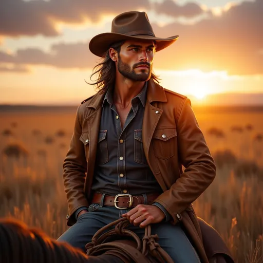 Prompt: A rugged cowboy with a classic brown hat and a weathered leather jacket rides a sturdy horse across an open prairie under the golden light of the setting sun. His long hair and well-kept beard blow slightly in the breeze as he gazes confidently at the horizon. The cowboy’s attire includes a dark blue shirt, slightly unbuttoned, and blue denim jeans with a wide leather belt and a large metal buckle. The vast prairie around him stretches endlessly, with tall, dry grass swaying gently. The sky is a mix of oranges, purples, and pinks as the sun begins to dip below the horizon. The camera angle captures a wide, cinematic shot, slightly low, emphasizing the cowboy's silhouette against the vast expanse. The lighting is warm, and the scene has a classic Wild West ambiance, evoking a sense of freedom and adventure.