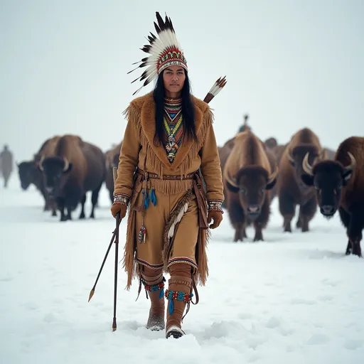 Prompt: Indian chiefs wear traditional clothing that includes deerskin or wool shirts adorned with beads and feathers. Over these, they often wear a buffalo hide robe, also richly decorated. Leggings are made from the same material and usually feature fringes and embroidery. Moccasins are leather, sometimes embellished with beads and feathers. Chiefs wear tall hats decorated with eagle feathers, symbolizing their rank and power. Their bows are made of wood and sinew, while arrows are crafted from hardwood with tips of flint or metal. Accessories include necklaces made from teeth, bones, and stones, as well as bracelets made from leather and beads. Feathers play an important role in rituals and ceremonies, symbolizing spirituality and connection to nature.Under a stark winter sky, the Indian chief leads his tribe on a bison hunt across the snowy plains. Dressed in thick furs and leather, he moves silently through the deep snow, tracking the massive beasts. His keen eyes scan the horizon, searching for signs of the herd. As the wind bites at their faces, the hunters circle the unsuspecting bison, preparing to strike. Arrows fly through the air, aimed with deadly precision. The chief's presence commands respect and instills confidence in his warriors. Together, they navigate the treacherous terrain, united by tradition and the need to survive. The hunt is not just about sustenance; it's a sacred ritual connecting them to their ancestors and the spirit of the land.