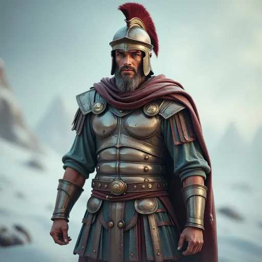 Prompt:  Wide Shot.A Roman soldier stands amidst the unforgiving landscape of a harsh winter. His armor, once gleaming and polished, is now covered in frost and snow. The cold wind bites at his face, but he remains resolute, his eyes fixed on the horizon. Clad in thick layers beneath his armor to ward off the biting cold, he carries a heavy cloak draped over one shoulder, providing some relief from the relentless chill. His breath forms clouds of vapor as he exhales, each puff disappearing into the frigid air. Despite the adversity, he maintains an unwavering stance, embodying the discipline and resilience that define the Roman legions. The snow crunches underfoot as he marches forward, determined to fulfill his duty no matter the cost.

