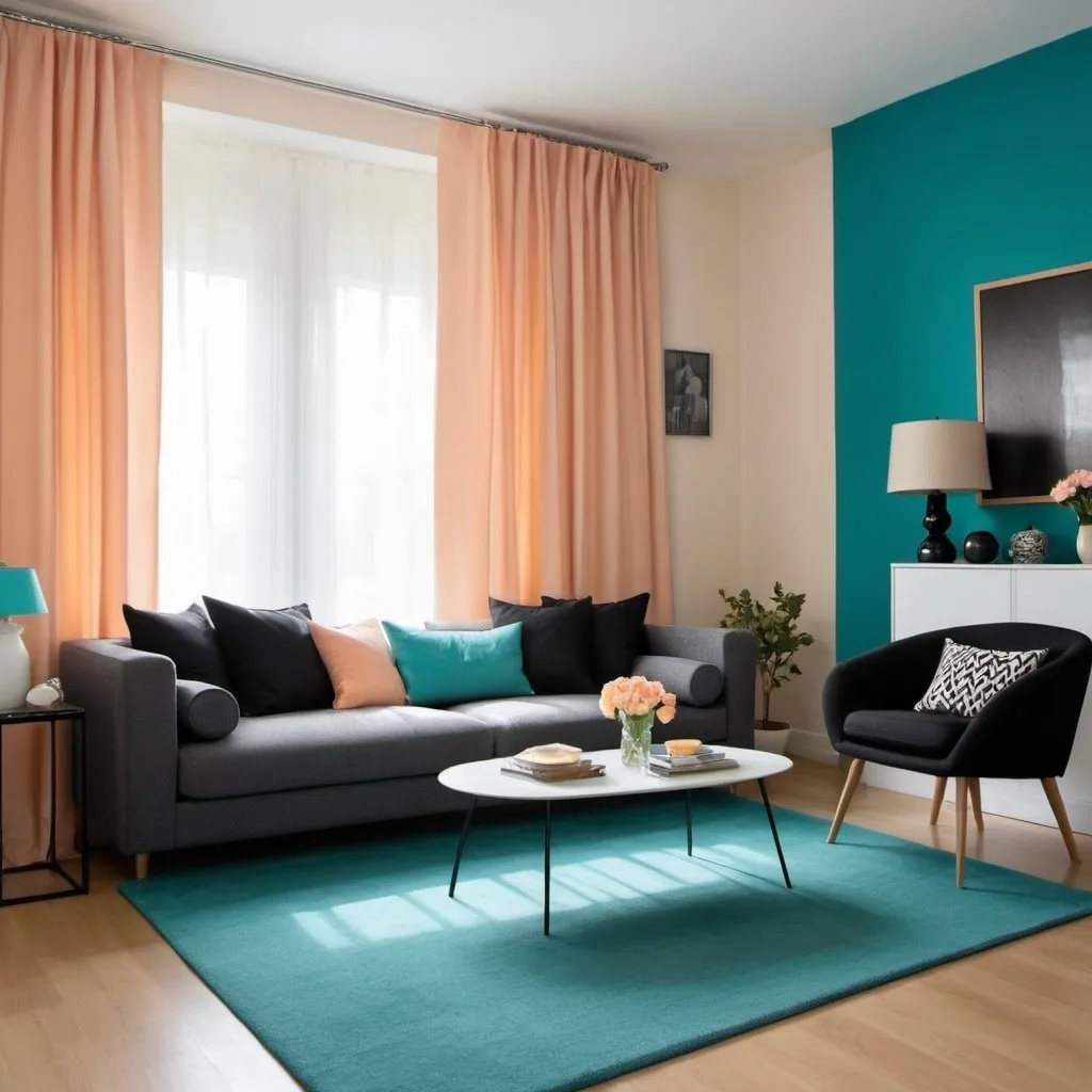 Prompt: A living room with grey and black 3 seater sofa, wall very light peach and turquoise carpet, curtain color musturd