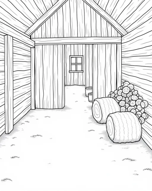 Prompt: A black and white pic of the inside of a rustic timber barn with timber walls, with a sliding timber barn door, and a timber window, and an old metal bucket under the window, and a small stack of small cut timber  logs stacked up in the corner, with two hay bales with a to one side, with mostly a flat sandy floor, all in clear black lines, no shading ideal for coloring in