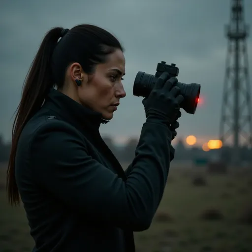 Prompt: photorealistic, DSLR-quality, high detail, dramatic low lighting, realistic skin texture, depth of field, cinematic composition, consistent facial features, tactical elegance, covert operations, professional attire with tactical elements, moody atmosphere, high-security environment, situational awareness, advanced surveillance technology. A tall, fit, and muscular woman in her early 30s with olive-toned skin, long straight dark brown hair, and strong symmetrical facial features. She is standing in the shadow of a communications tower, scanning the area with a handheld thermal imaging device. She wears a black tactical coat over fitted trousers, a discreet earpiece in her ear, and her eyes fixed on distant movement.