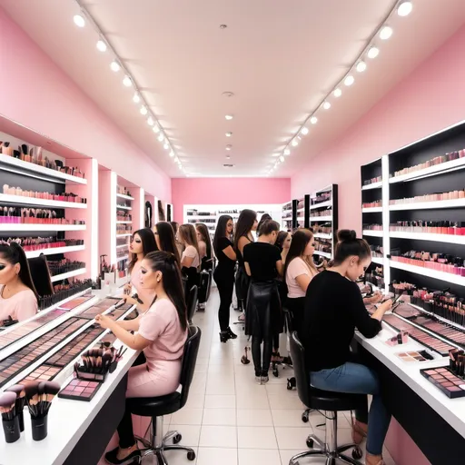 Prompt: A lot of people in a makeup shop