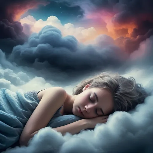 Prompt: A young person sleeping peacefully, (dreamy demeanor), ethereal (cloud of dreams and nightmares) hovering above their head, (misty, surreal atmosphere), vibrant colors merging softly to create a whimsical feeling, intricate details of dreams like vibrant landscapes and whimsical creatures within the cloud, contrasting dark figures symbolizing nightmares, (highly detailed, ultra HD) backdrop of soft, soothing hues that evoke tranquility.