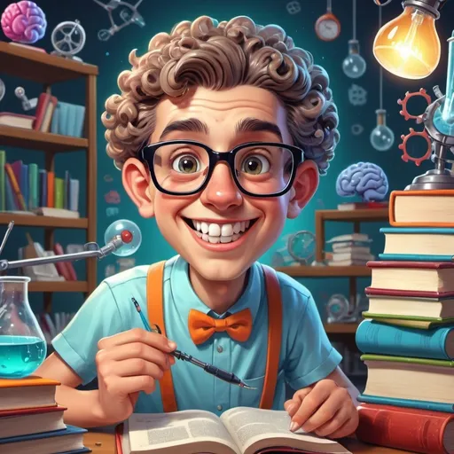 Prompt: (Young nerd with brain showing), glasses, dental braces, cartoon style, vibrant colors, cheerful atmosphere, exaggerated features, whimsical expression, detailed character design, background with a cluttered science lab, scattered books and gadgets, bright lighting, clean lines, smooth textures, high quality, ultra-detailed, 4K.