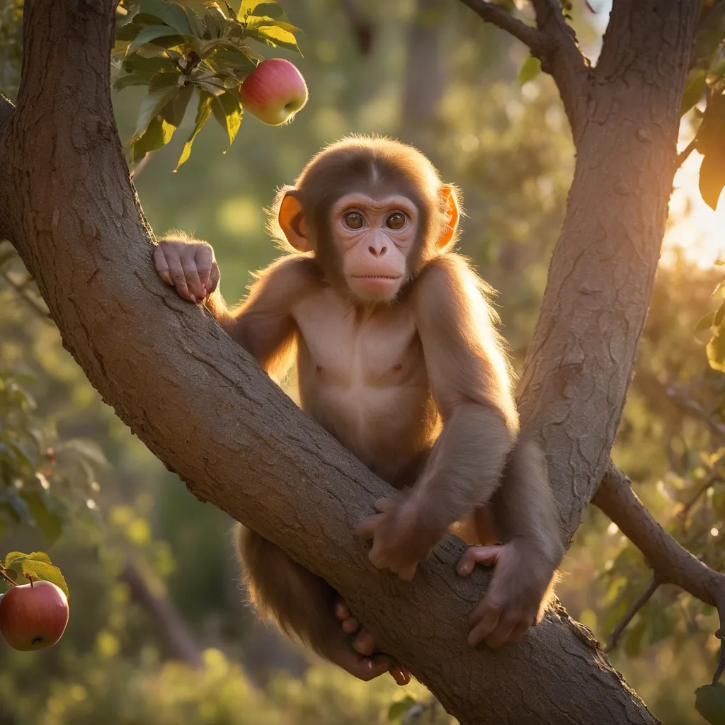 Prompt: a very young ape lost ape trying to climb Mount Shasta in California. The surroundings is filled with roses and apple trees. can you make him eat an apple