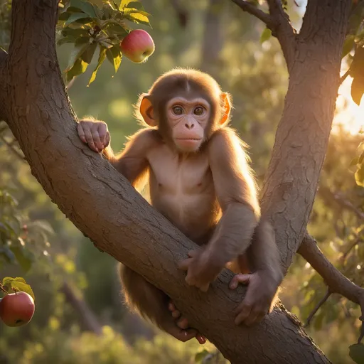 Prompt: a very young ape lost ape trying to climb Mount Shasta in California. The surroundings is filled with roses and apple trees. can you make him eat an apple