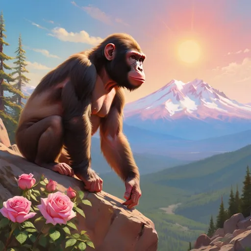 Prompt: a very young ape lost ape trying to climb Mount Shasta in California. The surroundings is filled with roses and apple trees
