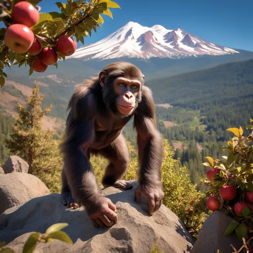 Prompt: a young ape lost ape trying to climb Mount Shasta in California. The surroundings is filled with roses and apple trees.  make him holding an apple in his hand